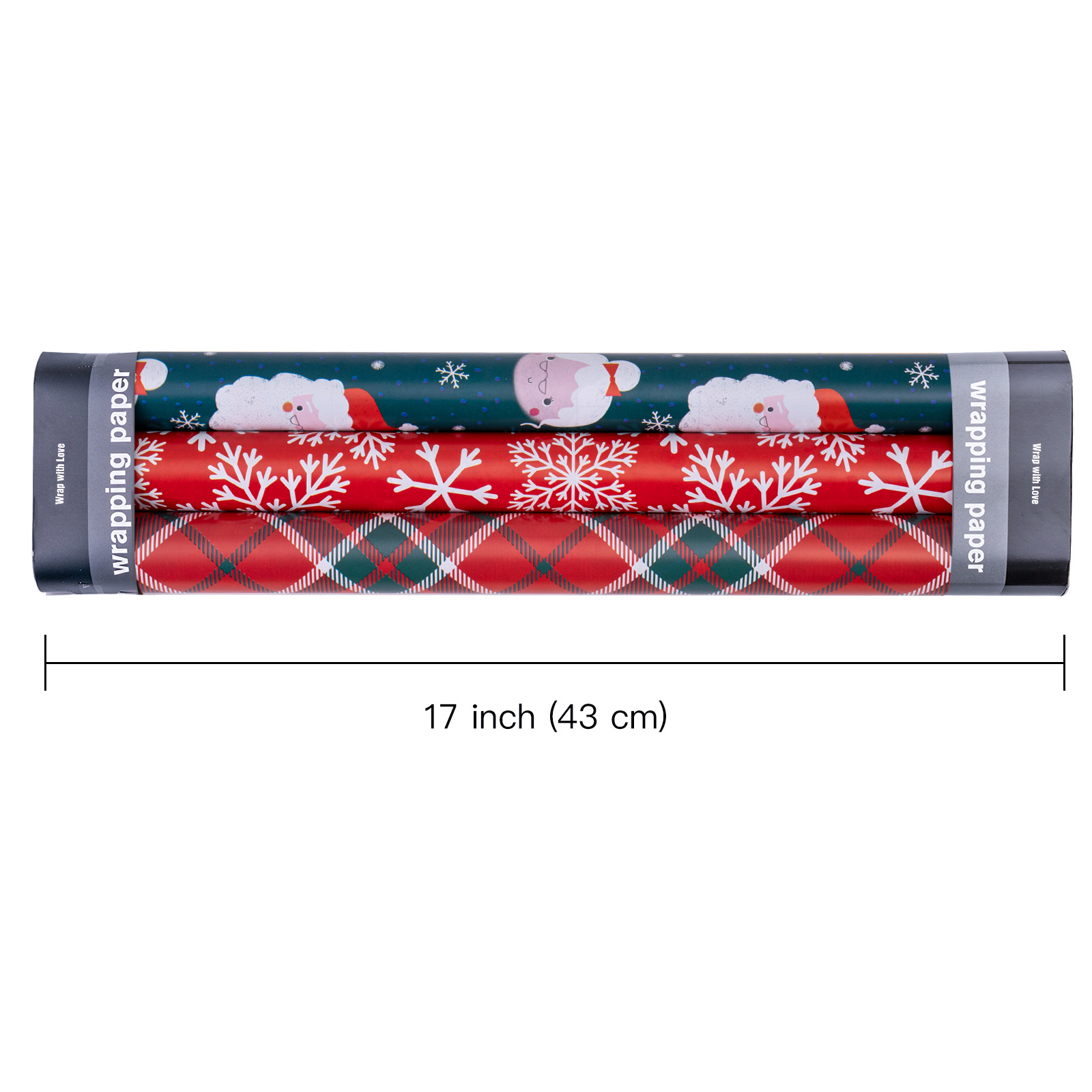 WRAPAHOLIC Christmas Wrapping Paper Roll - Mini Roll - 3 Rolls - 17 inch x 120 inch per Roll - Red and Green Santa Claus, Snowflake Holiday Collection